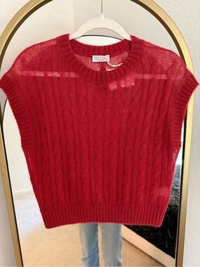NWT - Brunello Cucinelli Vibrant Red Cable-Knit Sleeveless Crew Sweater